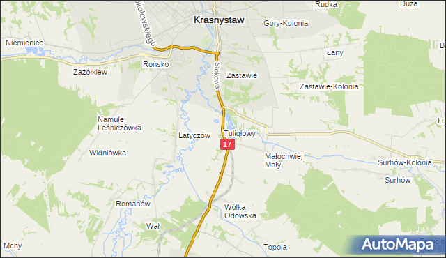 mapa Tuligłowy gmina Krasnystaw, Tuligłowy gmina Krasnystaw na mapie Targeo