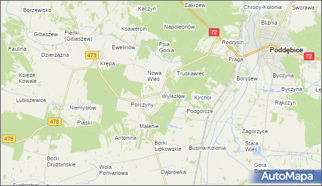 mapa Wylazłów gmina Poddębice, Wylazłów gmina Poddębice na mapie Targeo