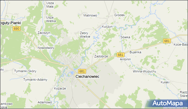 mapa Zadobrze gmina Ciechanowiec, Zadobrze gmina Ciechanowiec na mapie Targeo