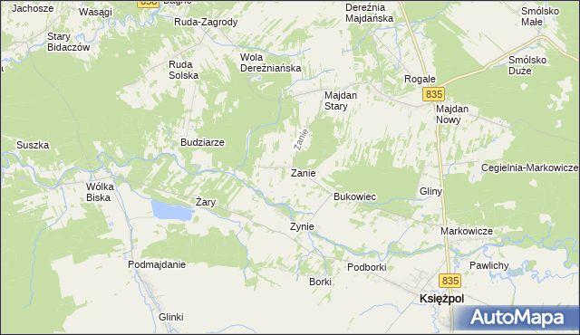 mapa Zanie gmina Księżpol, Zanie gmina Księżpol na mapie Targeo