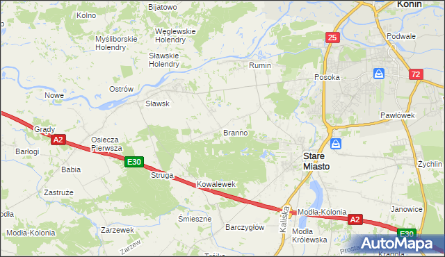 mapa Branno gmina Rzgów, Branno gmina Rzgów na mapie Targeo