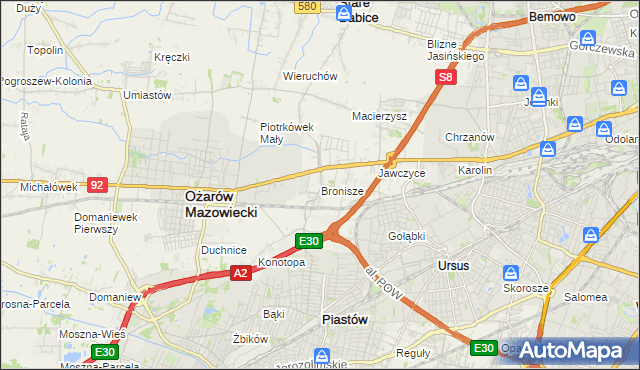 mapa Bronisze gmina Ożarów Mazowiecki, Bronisze gmina Ożarów Mazowiecki na mapie Targeo