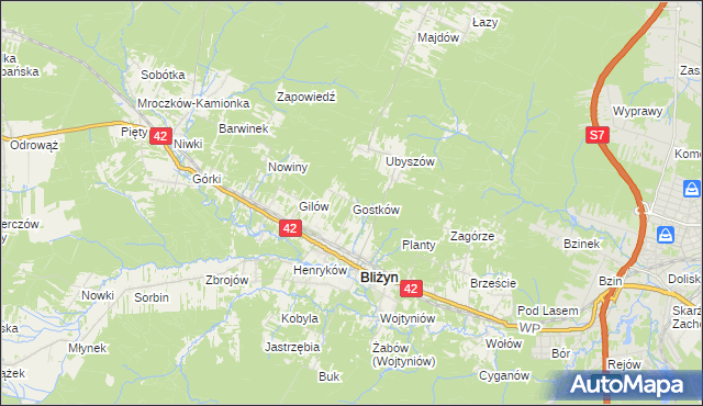 mapa Gostków gmina Bliżyn, Gostków gmina Bliżyn na mapie Targeo