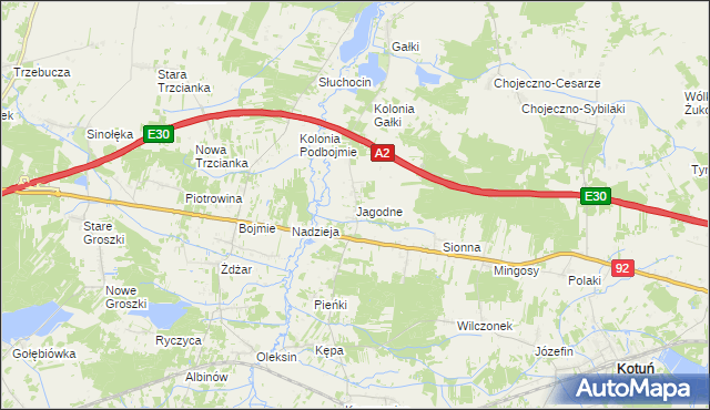 mapa Jagodne gmina Kotuń, Jagodne gmina Kotuń na mapie Targeo