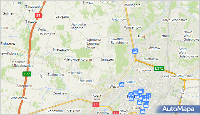 mapa Janiszew gmina Zakrzew, Janiszew gmina Zakrzew na mapie Targeo