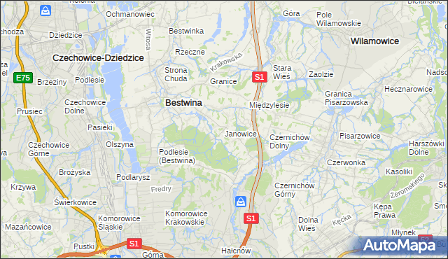 mapa Janowice gmina Bestwina, Janowice gmina Bestwina na mapie Targeo