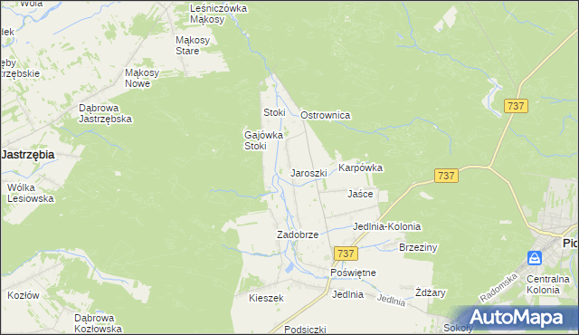 mapa Jaroszki gmina Pionki, Jaroszki gmina Pionki na mapie Targeo