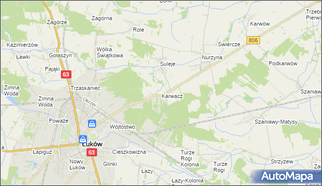 mapa Karwacz gmina Łuków, Karwacz gmina Łuków na mapie Targeo
