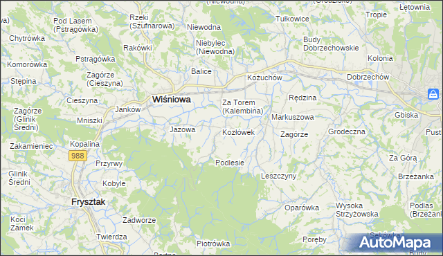 mapa Kozłówek gmina Wiśniowa, Kozłówek gmina Wiśniowa na mapie Targeo