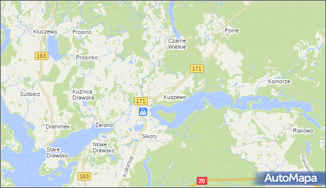 mapa Kuszewo gmina Czaplinek, Kuszewo gmina Czaplinek na mapie Targeo