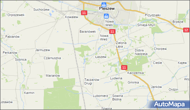 mapa Łaszew gmina Pleszew, Łaszew gmina Pleszew na mapie Targeo