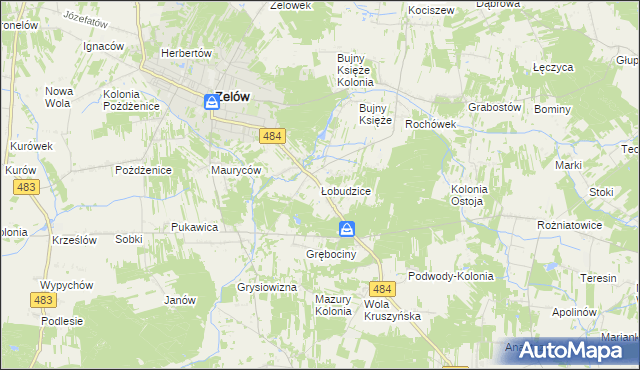 mapa Łobudzice gmina Zelów, Łobudzice gmina Zelów na mapie Targeo