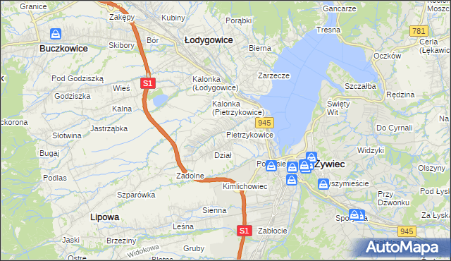 mapa Pietrzykowice gmina Łodygowice, Pietrzykowice gmina Łodygowice na mapie Targeo