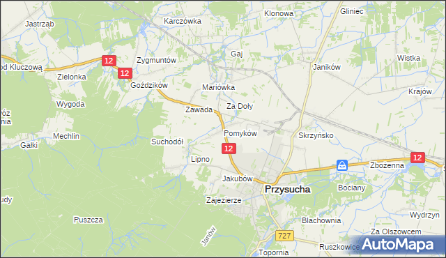 mapa Pomyków gmina Przysucha, Pomyków gmina Przysucha na mapie Targeo