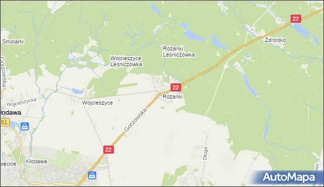 mapa Różanki gmina Kłodawa, Różanki gmina Kłodawa na mapie Targeo