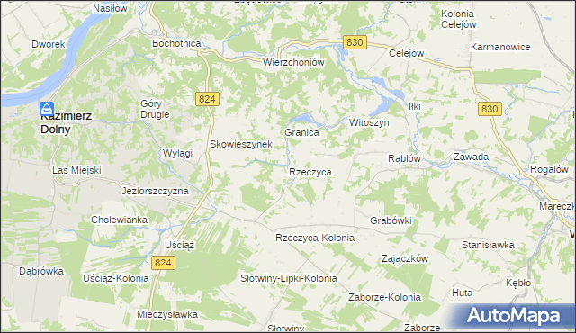 mapa Rzeczyca gmina Kazimierz Dolny, Rzeczyca gmina Kazimierz Dolny na mapie Targeo