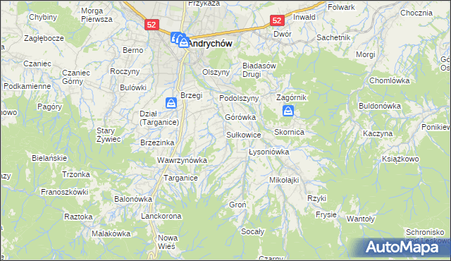 mapa Sułkowice gmina Andrychów, Sułkowice gmina Andrychów na mapie Targeo