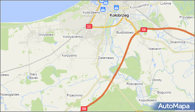 mapa Zieleniewo gmina Kołobrzeg, Zieleniewo gmina Kołobrzeg na mapie Targeo