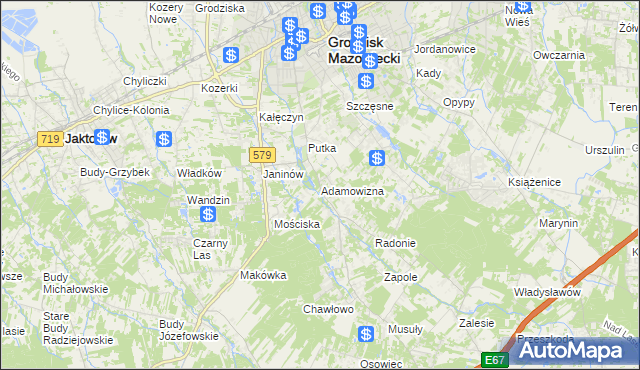 mapa Adamowizna gmina Grodzisk Mazowiecki, Adamowizna gmina Grodzisk Mazowiecki na mapie Targeo