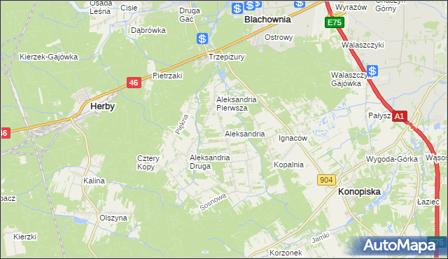 mapa Aleksandria gmina Konopiska, Aleksandria gmina Konopiska na mapie Targeo