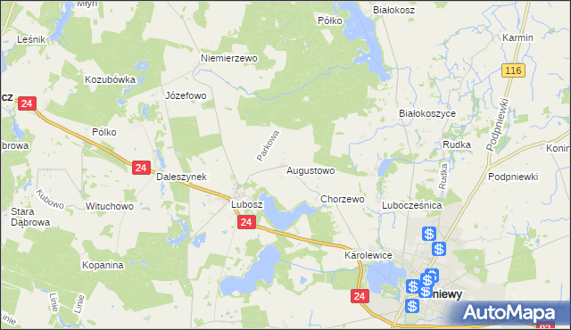 mapa Augustowo gmina Kwilcz, Augustowo gmina Kwilcz na mapie Targeo