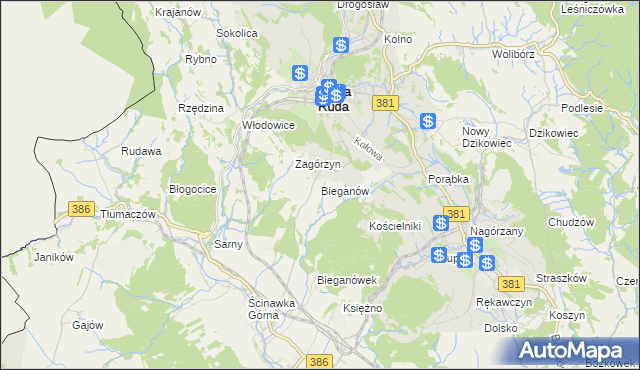 mapa Bieganów gmina Nowa Ruda, Bieganów gmina Nowa Ruda na mapie Targeo