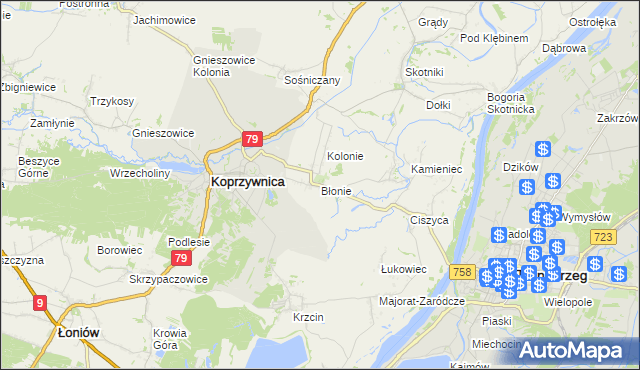 mapa Błonie gmina Koprzywnica, Błonie gmina Koprzywnica na mapie Targeo