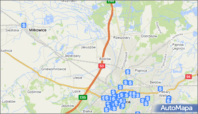 mapa Bobrów gmina Miłkowice, Bobrów gmina Miłkowice na mapie Targeo