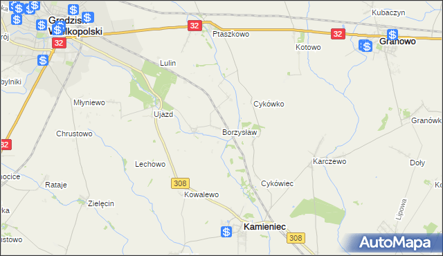 mapa Borzysław gmina Grodzisk Wielkopolski, Borzysław gmina Grodzisk Wielkopolski na mapie Targeo