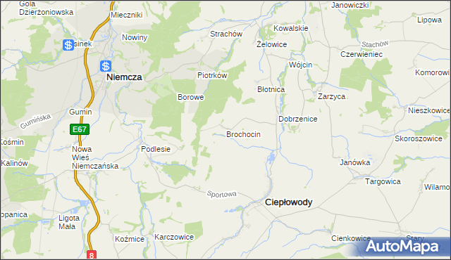 mapa Brochocin gmina Ciepłowody, Brochocin gmina Ciepłowody na mapie Targeo