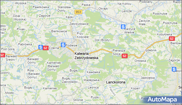 mapa Brody gmina Kalwaria Zebrzydowska, Brody gmina Kalwaria Zebrzydowska na mapie Targeo