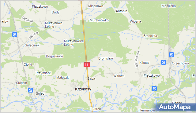 mapa Bronisław gmina Krzykosy, Bronisław gmina Krzykosy na mapie Targeo