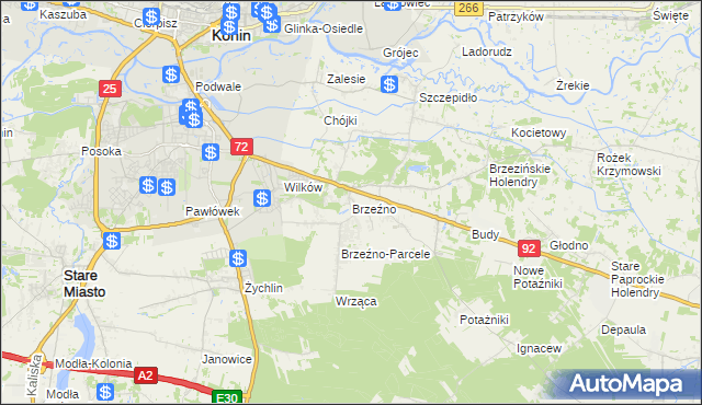 mapa Brzeźno gmina Krzymów, Brzeźno gmina Krzymów na mapie Targeo