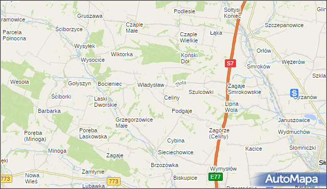 mapa Celiny gmina Iwanowice, Celiny gmina Iwanowice na mapie Targeo