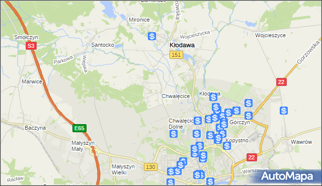 mapa Chwalęcice gmina Kłodawa, Chwalęcice gmina Kłodawa na mapie Targeo