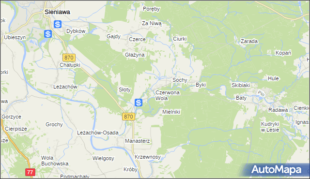 mapa Czerwona Wola gmina Sieniawa, Czerwona Wola gmina Sieniawa na mapie Targeo