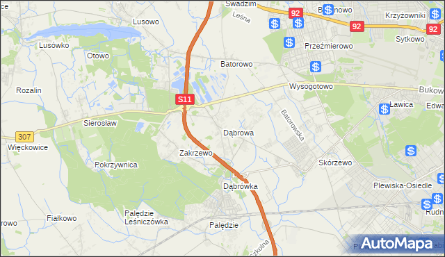 mapa Dąbrowa gmina Dopiewo, Dąbrowa gmina Dopiewo na mapie Targeo