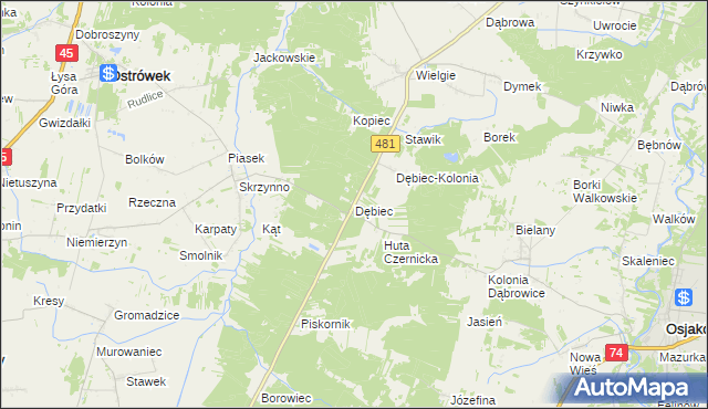 mapa Dębiec gmina Ostrówek, Dębiec gmina Ostrówek na mapie Targeo