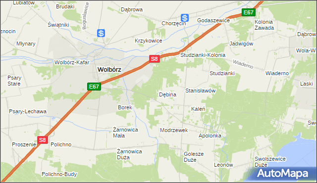 mapa Dębina gmina Wolbórz, Dębina gmina Wolbórz na mapie Targeo