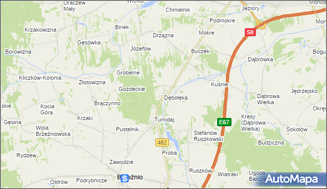 mapa Dębołęka gmina Brzeźnio, Dębołęka gmina Brzeźnio na mapie Targeo