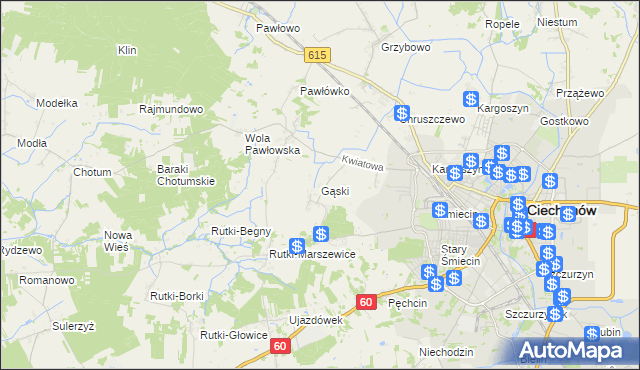 mapa Gąski gmina Ciechanów, Gąski gmina Ciechanów na mapie Targeo