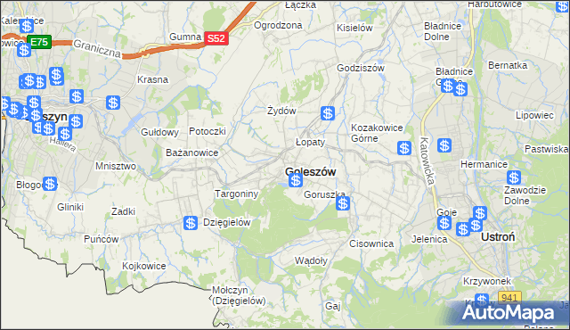 mapa Goleszów powiat cieszyński, Goleszów powiat cieszyński na mapie Targeo