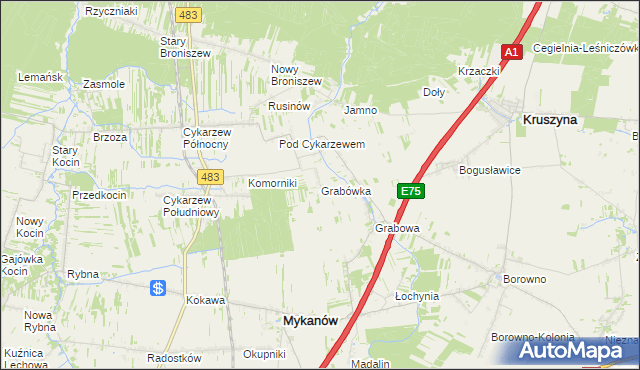 mapa Grabówka gmina Mykanów, Grabówka gmina Mykanów na mapie Targeo