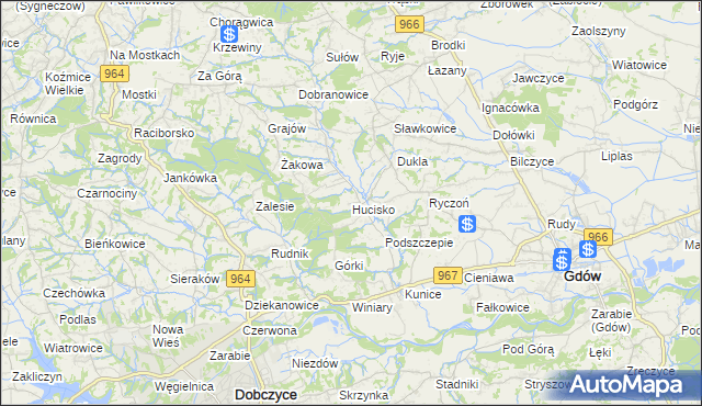 mapa Hucisko gmina Gdów, Hucisko gmina Gdów na mapie Targeo