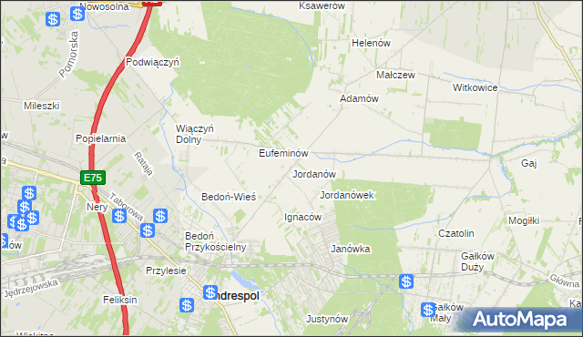 mapa Jordanów gmina Brzeziny, Jordanów gmina Brzeziny na mapie Targeo