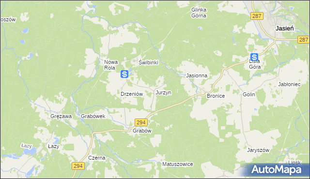 mapa Jurzyn gmina Jasień, Jurzyn gmina Jasień na mapie Targeo