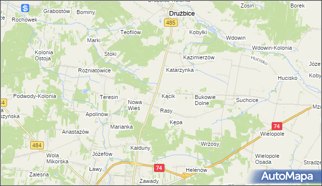 mapa Kącik gmina Drużbice, Kącik gmina Drużbice na mapie Targeo