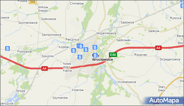 mapa Kąty Wrocławskie, Kąty Wrocławskie na mapie Targeo