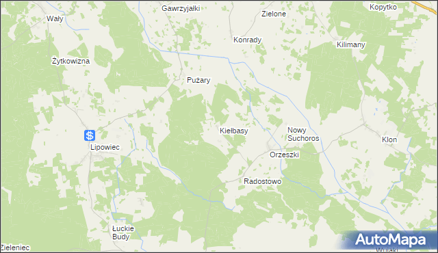 mapa Kiełbasy gmina Rozogi, Kiełbasy gmina Rozogi na mapie Targeo