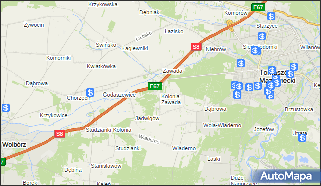 mapa Kolonia Zawada gmina Tomaszów Mazowiecki, Kolonia Zawada gmina Tomaszów Mazowiecki na mapie Targeo